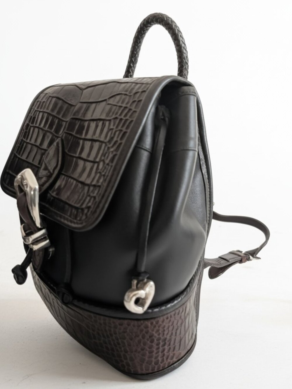 BRIGHTON Monica Vintage Croc Embossed Leather Drawstring Bucket Backpack BLK BRN